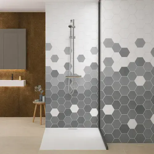 Kinewall Grey Monochrome Hexagon 1250mm x 2500mm Shower Wall Panel