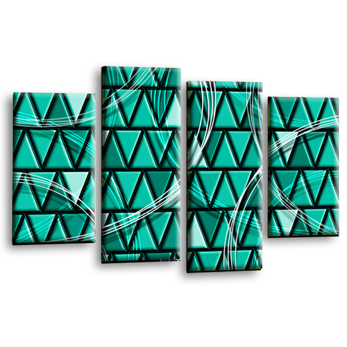 Abstract Wall Art Print Teal Grey Stripes Checks Framed Split Panel Picture Ready to Hang