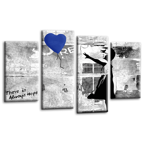 Banksy Balloon Art Print Blue Heart Girl Framed Split Graffiti Canvas Picture Ready to Hang