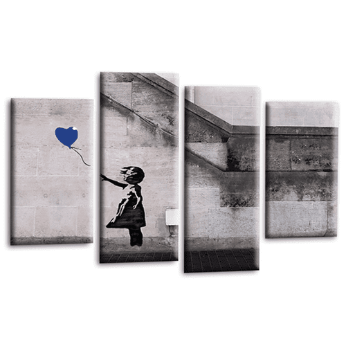 Banksy Balloon Wall Art Print Blue Heart Girl Framed Split Canvas Picture Ready to Hang