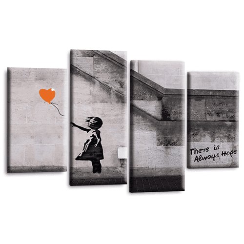 Banksy Balloon Wall Art Print Orange Heart Graffiti Girl Framed Split Canvas Picture Ready to Hang
