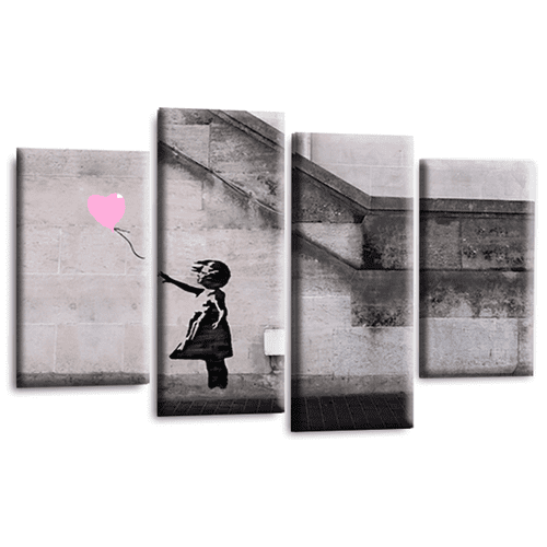 Banksy Balloon Wall Art Print Pink Heart Girl Framed Split Graffiti Canvas Picture Ready to Hang