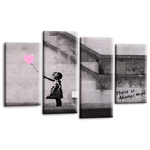 Banksy Balloon Wall Art Print Pink Heart Graffiti Girl Framed Split Canvas Picture Ready to Hang
