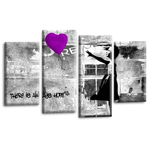 Banksy Balloon Wall Art Print Purple Heart Girl Framed Graffiti Split Canvas Picture Ready to Hang