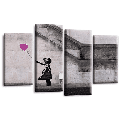 Banksy Balloon Wall Art Print Purple Heart Girl Framed Split Graffiti Canvas Picture Ready to Hang