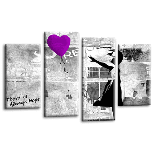 Banksy Balloon Wall Art Print Purple Heart Girl Graffiti Framed Split Canvas Picture Ready to Hang