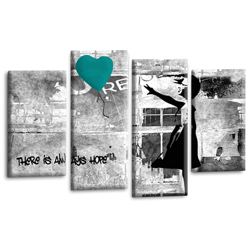 Banksy Balloon Wall Art Print Teal Heart Girl Framed Graffiti Split Canvas Picture Ready to Hang