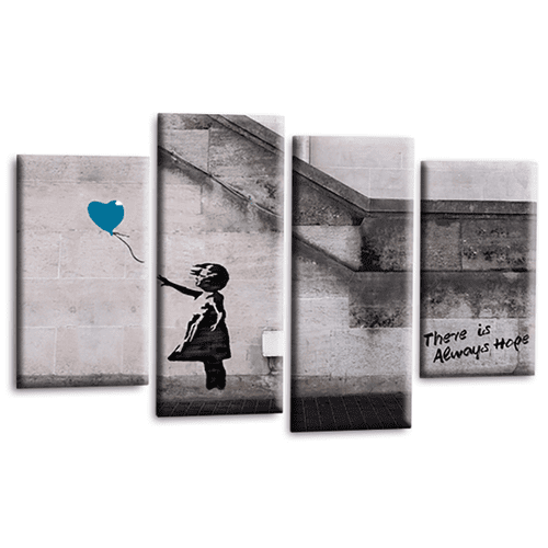 Banksy Balloon Wall Art Print Teal Heart Graffiti Girl Framed Split Canvas Picture Ready to Hang
