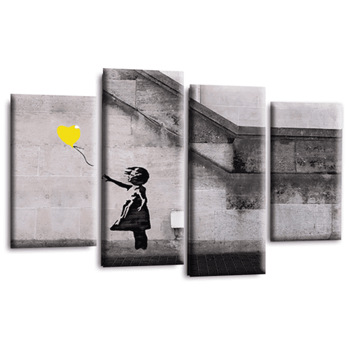 Banksy Balloon Wall Art Print Yellow Heart Girl Framed Split Graffiti Canvas Picture Ready to Hang