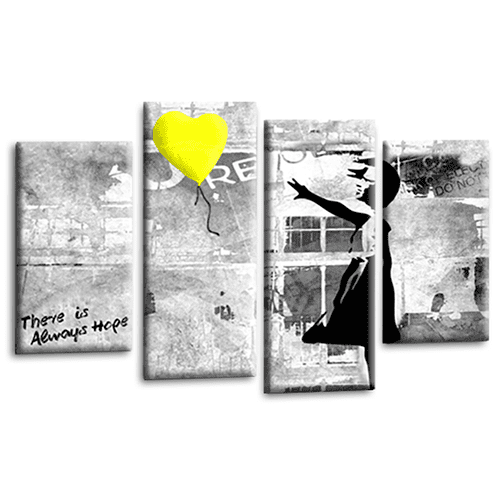 Banksy Balloon Wall Art Print Yellow Heart Girl Graffiti Framed Split Canvas Picture Ready to Hang