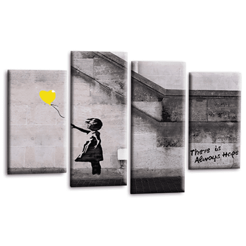 Banksy Balloon Wall Art Print Yellow Heart Graffiti Girl Framed Split Canvas Picture Ready to Hang