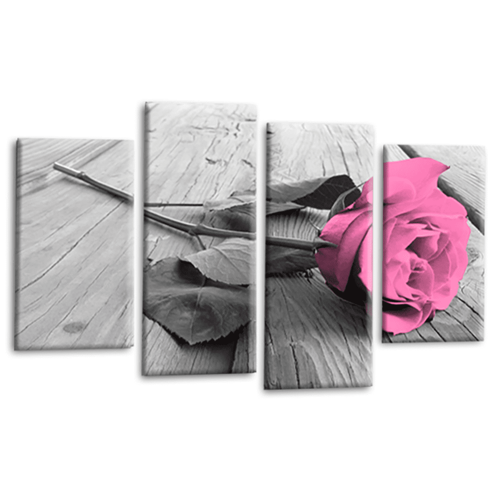 Floral Pink Rose Wall Art Print Grey White Love Flower Canvas Split