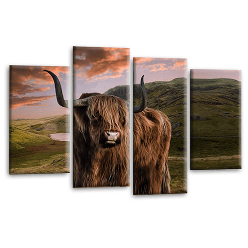 Scottish Highland Cow Wall Art Print Brown Green Stag Framed Split Canvas Picture