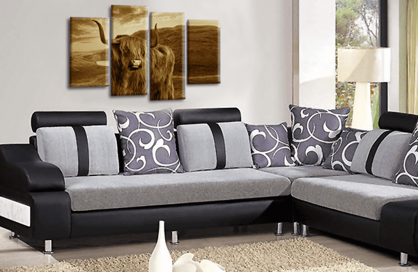 Scottish Highland Cow Wall Art Print Brown Grey Stag Animal Deer Framed Split Canvas Picture