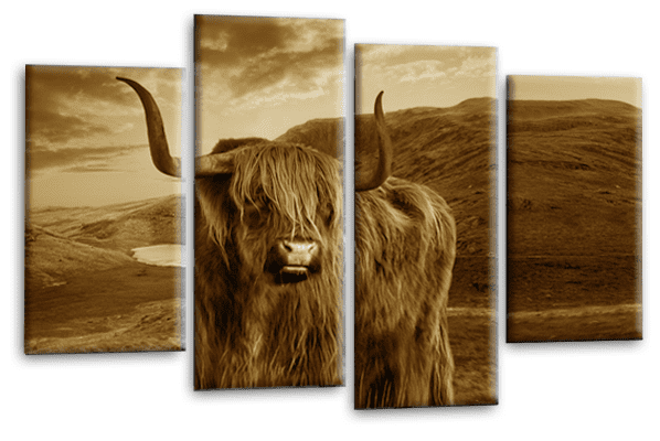 Scottish Highland Cow Wall Art Print Brown Grey Stag Animal Deer Framed Split Canvas Picture