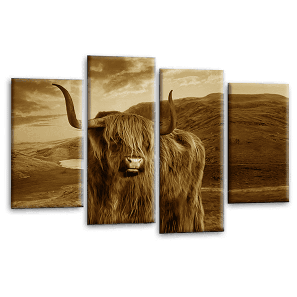 Scottish Highland Cow Wall Art Print Brown Grey Stag Animal Deer Framed Split Canvas Picture