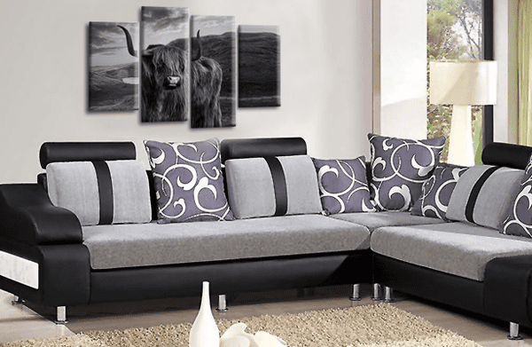 Scottish Highland Cow Wall Art Print Grey White Stag Animal Deer Framed Split Canvas Picture