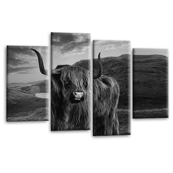 Scottish Highland Cow Wall Art Print Grey White Stag Animal Deer Framed Split Canvas Picture