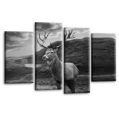 Scottish Highland Stag Wall Art Print Black White Framed Split Canvas Picture