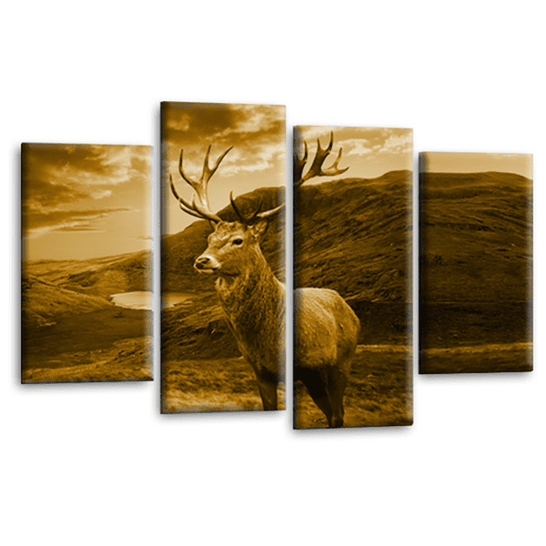 Scottish Highland Stag Wall Art Print Brown Cream Animal Deer Framed Split Canvas Picture
