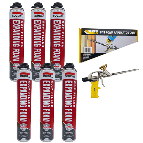 Soudal Gun Grade Expanding Foam 750ml X 6 with Everbuild P45 Metal Applicator Gun
