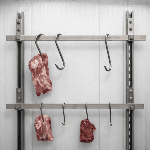 Wall Mounted Meat Hanging Rail System – Butcher Rail Kit with Static Channels, S-Hooks, Brackets, Cl