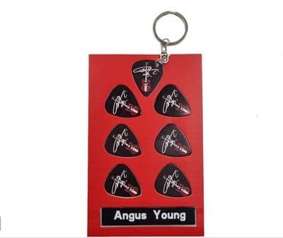 Angus Young Black Guitar Plectrum Gift Set | 6 Artist Plectrums | 1 Artist Keyring