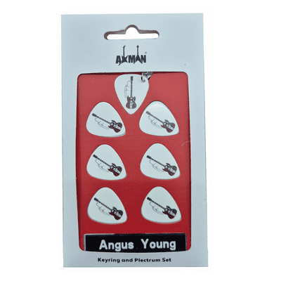 Angus Young White Guitar Plectrum Gift Set | 6 Artist Plectrums | 1 Artist Keyring