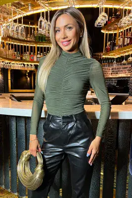 AX PARIS High Neck Long Sleeve Ruched Mesh Bodysuit | Khaki TA616