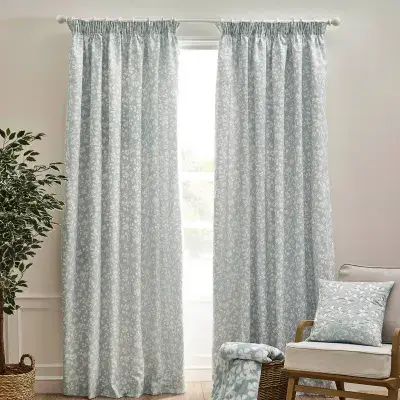 Catherine Lansfield Brooke Floral Pencil Pleat Curtains |Duck Egg