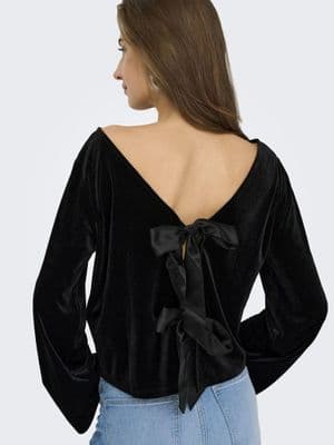 JDY Victory L/S Velvet Bow Top | Black