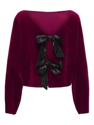 JDY Victory L/S Velvet Bow Top | Wine