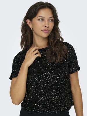 ONLY Anika SS Sequins Boat Neck Top | Black