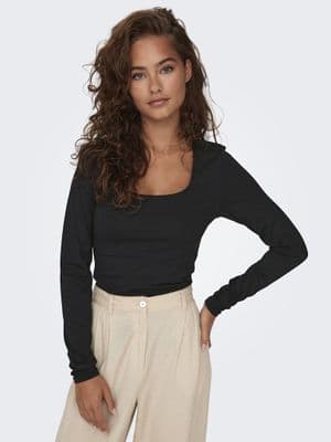 ONLY  Lea Long Sleeve 2-Way Deep Neck Top | Black