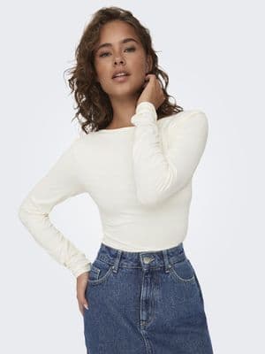ONLY  Lea Long Sleeve 2-Way Deep Neck Top | Cloud Dancer