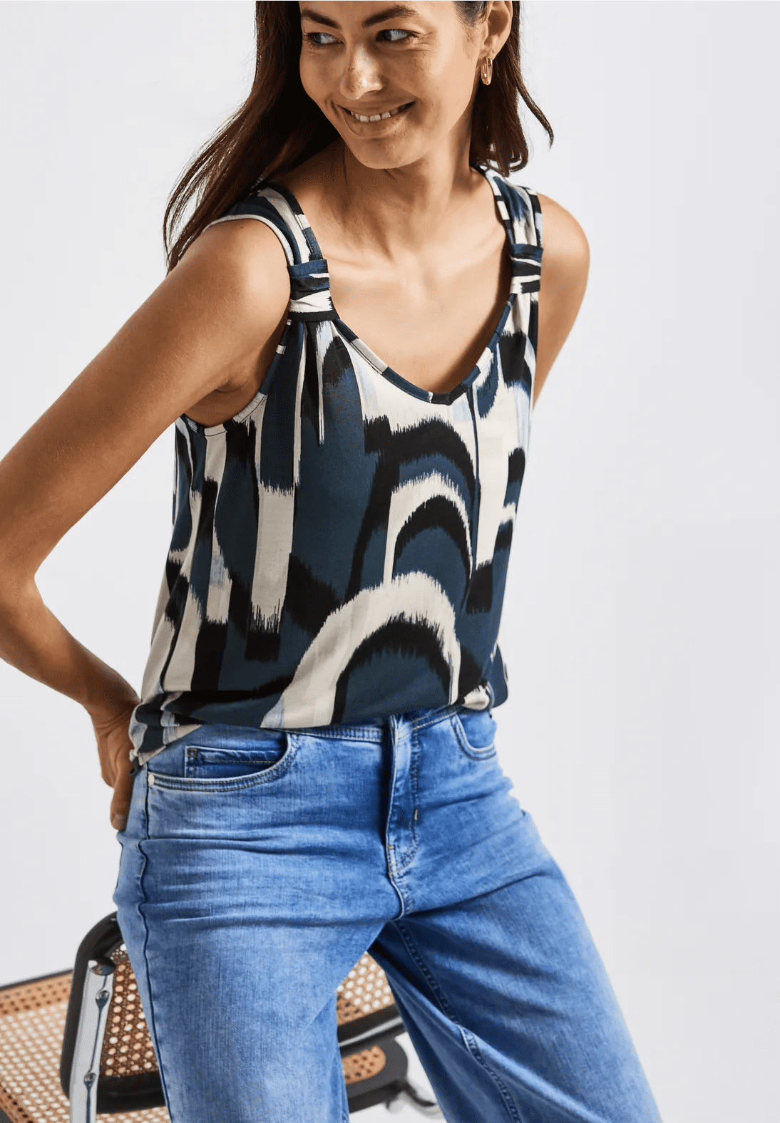 トップス Marble Print Jersey Crew Neck Top - blue Street One Print Jersey Top With Knot Detail Sea Blue 323737