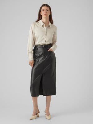 Vero Moda Sif Sof HW Coated_ Midi Skirt| Black