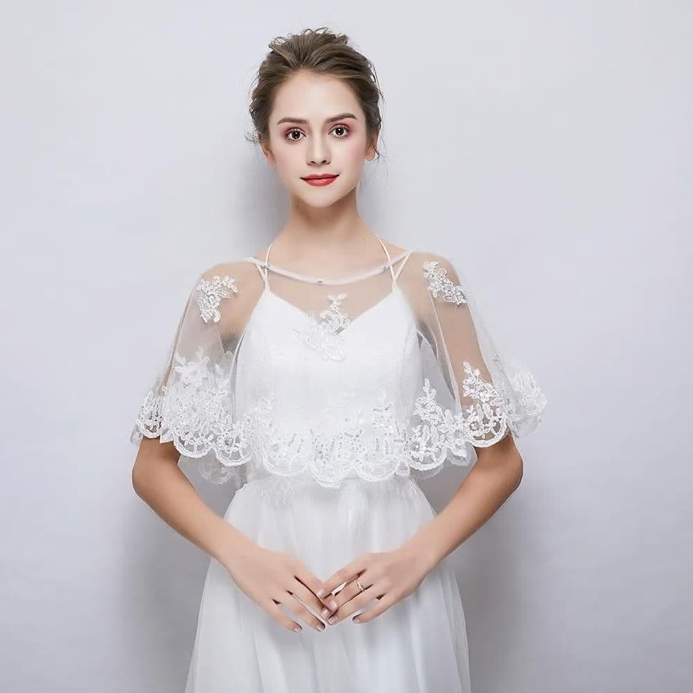 Off White Pale Ivory Sheer Bridal Cape Shawl With Lace & Sequin Detail