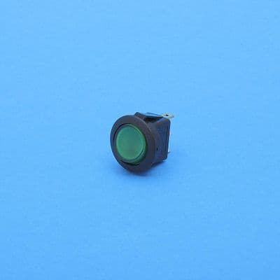 Round illum rocker switch. On/off. 10A@12v, 12V Green bulb. (RKS15G)