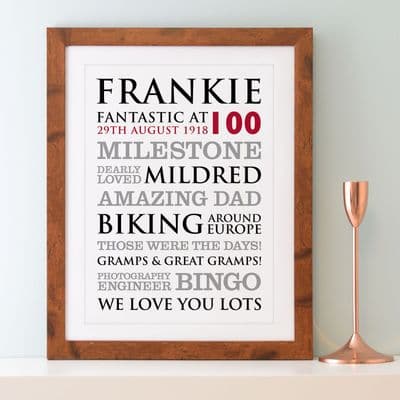 Personalised 100th Birthday Typographic Art Print