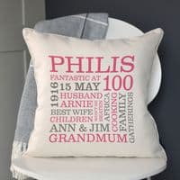 Personalised 100th Birthday Word Art Cushion