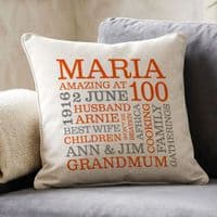 Personalised 100th Birthday Word Art Cushion