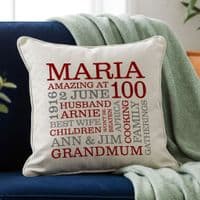 Personalised 100th Birthday Word Art Cushion