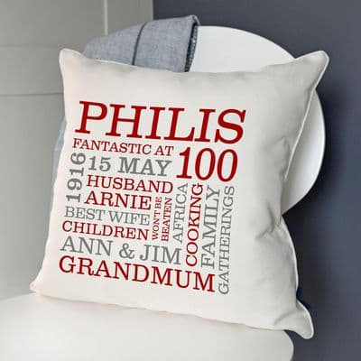 Personalised 100th Birthday Word Art Cushion