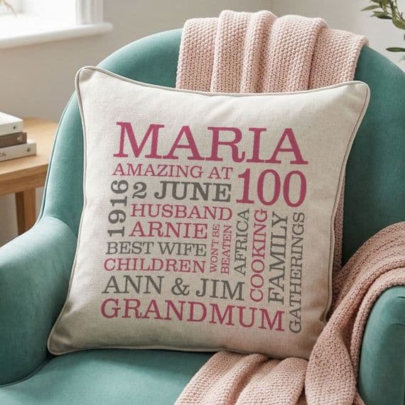 Personalised 100th Birthday Word Art Cushion