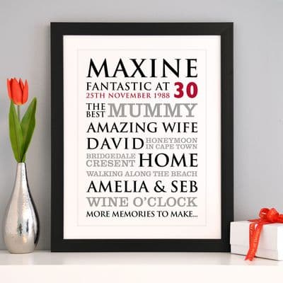 Personalised 30th Birthday Typographic Art Print