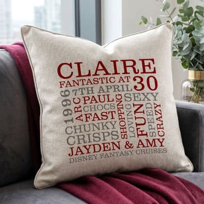 Personalised 30th Birthday Word Art Cushion