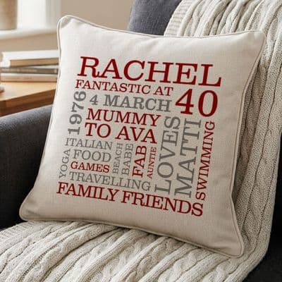 Personalised 40th Birthday Word Art Cushion