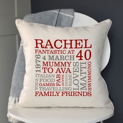 Personalised 40th Birthday Word Art Cushion