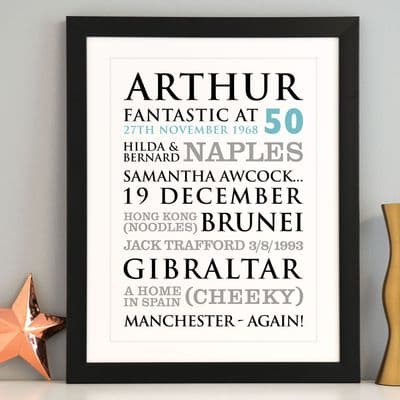 Personalised 50th Birthday Typographic Art Print